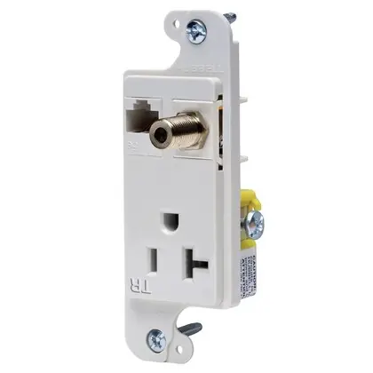 J-Load Media Outlet, 20A 125V Tamper Resistant, Cat 6 Jack, F Coax, Decorator Frame, White Order Now