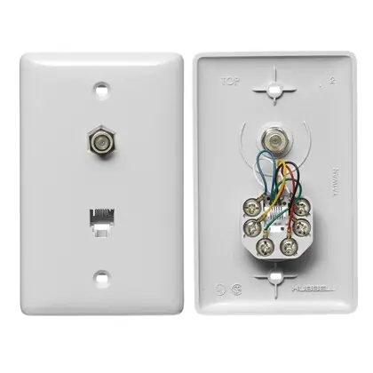 Wall Plate, 1-Gang, With F Connector, Jack, 6-Position 6-Conductor, Screw Terminal, White Secure Checkout